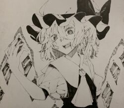  1girl :d ascot bow collared_shirt commentary_request fang flandre_scarlet hair_between_eyes hat hat_bow highres hisha_(kan_moko) looking_at_viewer medium_hair mob_cap open_mouth pointy_ears puffy_short_sleeves puffy_sleeves shirt short_sleeves smile solo touhou traditional_media vest wings 