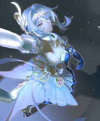  absurdres asymmetrical_gloves blue_dress blue_gloves blue_hair commentary detached_collar detached_sleeves dress elbow_gloves expressionless frilled_sleeves frills fur-trimmed_sleeves fur_collar fur_trim gem genshin_impact gloves gold_shoes gold_trim hair_between_eyes hair_bun hair_intakes hair_ornament hair_over_one_eye high_heels highres leg_up looking_at_viewer looking_up mismatched_gloves odette_(genshin_impact) pantyhose pink_gem shoes single_elbow_glove spotlight standing standing_on_one_leg vachi_baebloom violet_eyes white_fur white_gloves white_pantyhose 