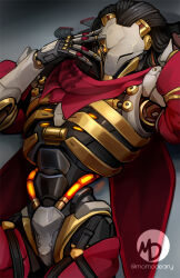  1boy artist_logo cape commentary cyborg english_commentary hand_on_own_face logo looking_at_viewer male_focus mechabare mechanical_arms mechanical_hands momo-deary official_alternate_costume omnic overwatch ramattra_(overwatch) red_cape robot robot_boy twitter_username upper_body 