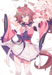  1girl animal_ears blue_eyes blush breasts brown_hair cherry_blossoms commentary detached_sleeves ear_covers fingerless_gloves flower gloves hair_between_eyes hair_flaps hair_flower hair_ornament highres horse_ears horse_girl horse_tail japanese_clothes kimono kuro_sato looking_at_viewer medium_hair open_mouth pink_hair pink_kimono pink_sleeves sakura_chiyono_o_(strength_in_full_bloom)_(umamusume) sakura_chiyono_o_(umamusume) skirt sleeveless sleeveless_kimono solo tail thigh-highs umamusume untranslatable_commentary white_skirt white_thighhighs 