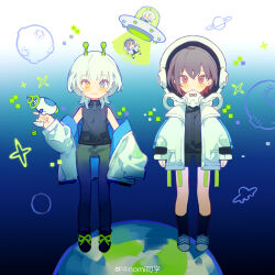  2girls absurdres bang_dream! bang_dream!_it's_mygo!!!!! black_hair black_shirt blue_eyes blush chibi closed_mouth commentary_request full_body helmet heterochromia highres jacket kaname_raana long_sleeves looking_at_viewer multiple_girls nomi_tongxue off_shoulder open_clothes open_jacket pants planet red_eyes shirt shoes short_hair sleeveless sleeveless_shirt sleeves_past_wrists smile socks space space_helmet spacecraft standing takamatsu_tomori white_hair white_jacket yellow_eyes 