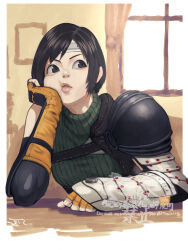  1girl 5tatsu armor black_hair commentary_request elbow_on_table final_fantasy final_fantasy_vii final_fantasy_vii_rebirth final_fantasy_vii_remake forehead_protector gloves hand_on_own_face highres looking_to_the_side orange_gloves parted_lips pauldrons short_hair shoulder_armor single_pauldron single_shoulder_pad sitting sleeveless sleeveless_turtleneck solo turtleneck yuffie_kisaragi 