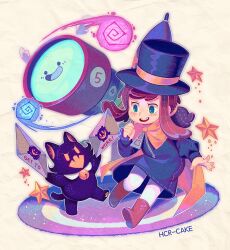  1girl a_hat_in_time animalization ankle_boots bee_and_puppycat bell blush boots brown_boots brown_hair cape cat child closed_umbrella collar commentary english_commentary english_text envelope fangs green_eyes h_ikenuma hat hat_kid hat_ribbon highres holding holding_envelope holding_umbrella jacket long_hair long_sleeves neck_bell open_hand open_mouth pants ponytail purple_hat purple_jacket purple_umbrella ribbon rug sidelocks skin_fangs smile snatcher_(a_hat_in_time) star_(symbol) teeth telescope top_hat umbrella upper_teeth_only v-shaped_eyebrows wax_seal white_collar white_pants yellow_cape yellow_ribbon zipper zipper_pull_tab 
