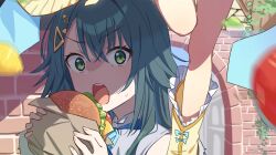  2girls arch boots brick_wall burger food frilled_boots frills gakuen_idolmaster green_eyes green_hair hair_ornament hairclip highres holding holding_food idolmaster kirizuki_reika looking_at_viewer motion_blur multiple_girls multiple_hairclips open_mouth out_of_frame shade sleeveless surprised teeth tongue tsukimura_temari upper_teeth_only 