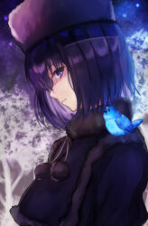  1girl absurdres animal animal_on_shoulder bird black_capelet black_eyes black_hair black_hat blue_bird capelet commentary_request from_side fur-trimmed_capelet fur-trimmed_headwear fur_collar fur_trim hat highres klash kuonji_alice looking_at_viewer lost_robin_rondo mahou_tsukai_no_yoru night outdoors parted_lips revision short_hair sky star_(sky) 