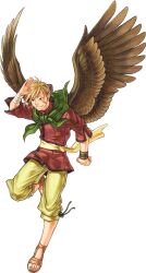 1boy bun_cover closed_mouth fire_emblem fire_emblem:_path_of_radiance full_body highres janaff_(fire_emblem) kita_senri male_focus official_art pointy_ears sandals scar scar_on_face simple_background solo third-party_source transparent_background wings 