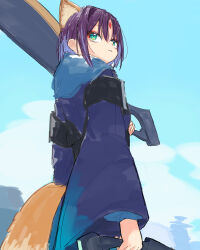  1girl absurdres animal_ears blue_kimono cho_kaguya-hime! forehead_jewel fox_ears fox_girl fox_tail green_eyes highres holding holding_weapon japanese_clothes kimono long_sleeves medium_hair parted_lips purple_hair sakayori_iroha sakayori_iroha_(tsukuyomi) solo tail tt_(mmk_lr) weapon 