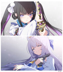  2girls absurdres black_hair blue_collar braid chitose_(stella_sora) chitose_(when_morning_glories_bloom_her_eyes_open)_(stella_sora) collar commentary_request dress gradient_background grey_background gun hair_between_eyes hair_ornament handgun highres holding holding_sword holding_weapon katana logo long_hair looking_at_viewer multicolored_hair multiple_girls ochiaki official_art open_mouth parted_lips purple_hair scabbard sheath simple_background smile stella_sora sword twin_braids twintails violet_eyes weapon white_background white_dress 