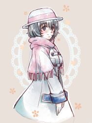  1girl blush bob_cut breasts coat cowboy_shot dress hat long_sleeves looking_at_viewer medium_breasts medium_hair motomotosakana pink_scarf scarf science_adventure shiina_mayuri smile solo steins;gate steins;gate_0 white_coat white_hat winter_clothes winter_coat 