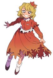  1girl aki_shizuha blonde_hair brown_shoes grin hair_ornament highres holding_own_skirt leaf leaf_hair_ornament long_sleeves looking_at_viewer maple_leaf orange555_555 orange_shirt orange_skirt shirt shoes simple_background skirt smile socks solo touhou white_background white_socks yellow_eyes 