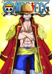  1boy aged_up black_hair crossed_arms exerionz facial_hair hat highres logo looking_at_viewer monkey_d._luffy one_piece scar scar_on_cheek scar_on_chest scar_on_face short_hair smile solo solo_focus straw_hat straw_hats_jolly_roger teeth 