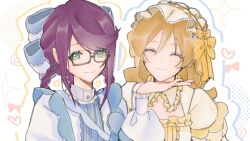  2girls ^_^ arm_at_side arms_at_sides black-framed_eyewear blonde_hair blue_bow blue_shirt bow braid braided_hair_rings closed_eyes closed_mouth commentary daiba_nana facing_viewer frilled_shirt frilled_sleeves frills glasses green_eyes hair_between_eyes hair_bow hair_rings hairband hand_on_another's_chin hand_up heart highres hoshimi_junna liyin_7797 lolita_hairband long_hair long_sleeves looking_at_viewer multiple_girls orange_bow polka_dot polka_dot_background puffy_long_sleeves puffy_sleeves purple_hair shirt shoujo_kageki_revue_starlight smile sparkle untranslatable_commentary upper_body white_background white_hairband yellow_shirt 