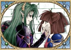  1boy 1girl arle_nadja armor black_armor blunt_bangs brown_eyes brown_hair cape clenched_teeth commentary_request demon_boy demon_horns evil_smile eye_contact grabbing_another's_face green_hair half_chest_guard hand_up head_grab high_ponytail horns long_sidelocks looking_at_another madou_monogatari madou_monogatari_1-2-3 parted_lips pauldrons pointy_ears ponytail profile purple_cape puyopuyo red_eyes red_tank_top satan_(puyopuyo) short_ponytail shoulder_armor sidelocks single_pauldron smile tank_top teeth two-tone_tank_top unipy_708 upper_body v-shaped_eyebrows vambraces white_tank_top yellow_horns 