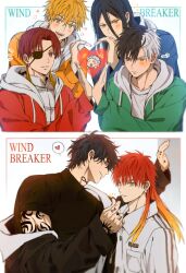  absurdres black_hair blonde_hair blush brown_eyes buttons chinese_clothes closed_mouth commentary_request copyright_name earrings embarrassed eyepatch finger_heart heart heart_hands heart_hands_quartet highres hood hooded_jacket jacket jewelry korean_commentary long_hair looking_at_viewer male_focus nirei_akihiko orange_hair sakura_haruka_(wind_breaker) shirt short_hair simple_background spoken_heart sugishita_kyoutarou suo_hayato t-shirt takiishi_chika tangzhuang tassel tassel_earrings umemiya_hajime white_background wind_breaker_(nii_satoru) yamato_endo yoon_(dmsco1803) 
