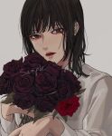  1boy androgynous bishounen black_hair bouquet brown_eyes closed_mouth commission crying crying_with_eyes_open flower highres holding holding_bouquet holding_flower kagoya1219 long_sleeves looking_at_viewer male_focus medium_hair original red_flower red_rose rose sample_watermark shirt simple_background solo straight_hair tears upper_body watermark white_background white_shirt 