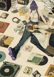  1boy 1girl black_hair cable cassette_player cassette_tape cd_case chinese_text closed_mouth collared_shirt couple cover cover_page english_text fake_cover fake_magazine_cover hair_slicked_back headphones hetero highres jewelry lanxi_zhen long_hair looking_at_another magazine_cover mature_male mixed-language_text mp3_player multicolored_hair necklace official_art pan_jing_(the_legend_of_luoxiaohei) pants ponytail purple_hair shirt simplified_chinese_text smile speaker the_legend_of_luo_xiaohei two-tone_hair vinyl_record white_hair xia_(the_legend_of_luoxiaohei) yuban_delanbai 