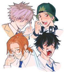  4boys backwards_hat bangs_pinned_back baseball_cap black_hair black_nails blue_necktie blush bombyoon brown_eyes censored censored_gesture closed_eyes commentary_request cross_scar dress_shirt earrings fangs forehead glasses green_hair grey_hair hair_between_eyes hat headphones headphones_around_neck highres jewelry kanzaki_kaoru korekishi_eugene male_focus middle_finger multiple_boys necktie open_mouth orange_hair phantom_busters red_eyes round_eyewear scar scar_across_eye scar_on_face shirt shishikuno_mogari tamon_kotarou tongue tongue_out white_shirt 