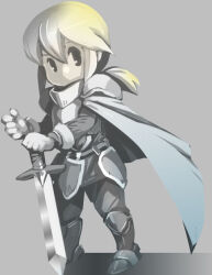  1boy armor bad_link blonde_hair blue_armor blue_cape blue_eyes breastplate cape commentary concept_art expressionless full_body gloves gorget greaves grey_background greyscale holding holding_sword holding_weapon knight leg_armor mack_(cyocorune) material_quest_vol.1 monochrome monochrome_background mugshot original pauldrons plate_armor ponytail portrait rector_(material_quest_vol.1) refmap_fsm shoulder_armor sidelocks sketch sword transparent_background weapon 