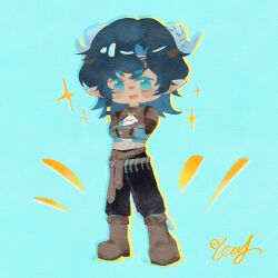  1boy angert_(infinity_nikki) ankle_boots applejack-rainbowdash aqua_background aqua_eyes aqua_ribbon aqua_shirt aqua_skin armor belt black_hair black_pants blue_horns blue_scales blush_stickers boots braid brown_belt brown_boots brown_gloves brown_headband brown_shrug chinese_commentary colored_extremities colored_skin commentary_request copyright_notice cropped_shirt cross-laced_clothes cross-laced_top crossed_arms crossed_belts curled_horns dark-skinned_male dark_skin deformed dragon_boy dragon_horns drop_shadow fringe_trim full_body gloves hair_between_eyes hair_tubes happy headband highres horn_ornament horn_ribbon horns infinity_nikki long_hair long_sleeves looking_at_viewer male_focus midriff multicolored_skin nikki_(series) open_mouth pants parksolian_(infinity_nikki) partially_fingerless_gloves pauldrons pointy_ears ribbon shirt shoulder_armor shrug_(clothing) side_braid signature simple_background single_braid smile solo sparkle standing striped_ribbon two-tone_ribbon two-tone_shirt two-tone_skin white_shirt yellow_ribbon 