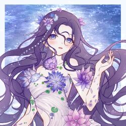  1girl a_drowning_canvas_(shining_nikki) armlet bare_shoulders bead_armlet beads blue_eyes blue_flower border chinese_commentary commentary_request cowboy_shot cyfrost dangle_earrings dress earrings expressionless eyelashes flower flower_earrings hair_beads hair_between_eyes hair_flower hair_ornament hand_up highres jewelry lake light_blush light_particles lily_pad long_hair neck_flower necklace nikki_(series) open_mouth outside_border petals photo_background purple_dress purple_flower purple_hair ribs shining_nikki side_slit skinny solo standing strapless strapless_dress tight_clothes tight_dress very_long_hair water_lily_flower wavy_hair white_border 