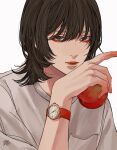  1boy androgynous apple bishounen black_hair breast_pocket brown_eyes closed_mouth food fruit hand_up highres holding holding_food holding_fruit kagoya1219 lia_kulea long_bangs looking_at_viewer male_focus original pocket red_apple shirt signature simple_background solo upper_body watch watch white_background white_shirt 