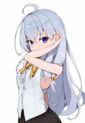  1girl adjusting_hair ahoge black_skirt blue_eyes bow bowtie braid buttons commentary covered_mouth cowboy_shot crossed_bangs dududuing elaina_(majo_no_tabitabi) eyelashes eyes_visible_through_hair grey_hair hair_behind_ear hair_between_eyes hand_up highres long_hair looking_at_viewer low-tied_long_hair majo_no_tabitabi pleated_skirt shirt simple_background single_braid skirt sleeveless sleeveless_shirt solo very_long_hair white_background white_shirt yellow_bow yellow_bowtie 