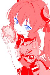  1girl aiguillette belt_pouch blue_archive blue_eyes burger closed_mouth collared_shirt commentary_request demon_girl demon_horns demon_wings eyelashes food from_above gourmet_research_society_(blue_archive) hair_between_eyes hair_ribbon halo hands_up highres holding holding_food horns junko_(blue_archive) kazu_sasuki long_hair looking_at_viewer low_wings monochrome necktie pointy_ears pouch ribbon shirt short_sleeves sidelocks smile solo spot_color striped_blush twintails very_long_hair wings 