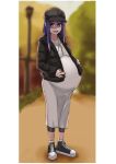  absurdres bike_shorts blurry blurry_background dress full_body garylin hand_on_own_stomach hat highres hoshino_ai_(oshi_no_ko) jacket long_dress long_sleeves looking_at_viewer mother&#039;s_day oshi_no_ko pregnant purple_hair shoes solo standing star-shaped_pupils star_(symbol) symbol-shaped_pupils violet_eyes 