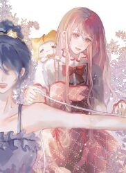  2girls =_= absurdres aegyo_sal ahoge animal animal_on_shoulder argyle_clothes argyle_dress bare_arms bare_shoulders bloom_poetry_(shining_nikki) blue_hair blue_tank_top bow bowtie brown_eyes bush cat cat_hair_ornament cat_on_shoulder character_hair_ornament chinese_commentary closed_mouth clothed_animal clothes_writing collarbone collared_shirt commentary_request cowboy_shot cross-laced_clothes cross-laced_dress dress dress_ribbon ear_covers faceless faceless_female frilled_shirt_collar frilled_sleeves frilled_tank_top frills hair_between_eyes hair_bun hair_ornament hairband happy high_collar highres holding holding_tape_measure hood hood_up light_blush light_particles lipstick long_hair long_sidelocks long_sleeves looking_at_another makeup measuring momo_(nikki) multiple_girls nikki_(nikki) nikki_(series) open_mouth orange_bow orange_bowtie orange_lips outstretched_arm pinafore_dress pink_dress pink_hair qingxu red_bow red_bowtie red_lips red_ribbon ribbon ribbon-trimmed_dress ribbon_trim shining_nikki shirt short_hair sidelocks single_hair_bun sleeveless sleeveless_dress sleeves_past_wrists smile solo_focus spaghetti_strap strap stylist_(nikki) tank_top tape_measure teeth traditional_bowtie updo upper_body upper_teeth_only wavy_hair whiskers white_background white_cat white_shirt yellow_hairband yellow_hood 