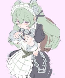  1girl animal_bag apron bear_bag black_dress blush closed_mouth commentary_request corin_wickes cowboy_shot dress from_above green_hair hair_between_eyes highres index_fingers_together long_hair looking_at_viewer maid maid_apron maid_headdress pink_background puffy_short_sleeves puffy_sleeves screw_hair_ornament short_sleeves simple_background solo toa_kiki twintails violet_eyes white_apron zenless_zone_zero 
