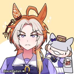  2girls ahoge animal_ears blunt_bangs bow bowtie chibi colored_bangs ear_bow ear_covers ear_ornament gold_ship_(umamusume) grey_hair hat highres holding holding_photo horse_ears horse_girl long_hair looking_at_viewer mask mouth_mask multicolored_hair multiple_girls orange_hair orfevre_(old_design)_(umamusume) orfevre_(umamusume) photo_(object) pillbox_hat polaroid_photo puffy_short_sleeves puffy_sleeves purple_bow purple_sailor_collar purple_shirt radishman sailor_collar sailor_shirt school_uniform shirt short_sleeves single_ear_cover smile summer_uniform tracen_school_uniform two-tone_hair umamusume violet_eyes white_hair winter_uniform 