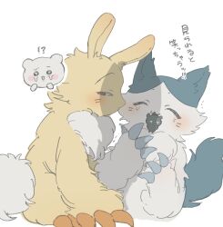  3others cat chibikemo chiikawa chiikawa_(character) claws commentary_request furry hachiware_(chiikawa) hachiware_(chimera)_(chiikawa) highres looking_at_another mouth_hold multiple_others rabbit simple_background translation_request upn2o usagi_(chiikawa) usagi_(chimera)_(chiikawa) white_background 