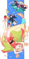  3girls animal_ears blonde_hair blue_kimono brown_eyes brown_hair cho_kaguya-hime! clothing_cutout colored_extremities colored_inner_hair commentary crescent crescent_hair_ornament drop_shadow egasumi forehead_jewel four-finger_heart_hands fox_ears fox_girl fox_tail green_eyes hair_ornament hair_rings heart heart_hands heart_in_heart_hands highres inudoge japanese_clothes kaguya_(cho_kaguya-hime!) kaguya_(tsukuyomi)_(cho_kaguya-hime!) kimono long_hair long_sleeves low-tied_long_hair medium_hair multicolored_hair multiple_girls open_mouth pink_hair purple_hair rabbit_ears rabbit_girl red_kimono runami_yachiyo runami_yachiyo_(tsukuyomi) suika0207 tail twintails untranslatable_commentary white_hair 