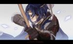  1boy alcryst_(fire_emblem) armor arrow_(projectile) black_gloves blue_hair bow_(weapon) cape circlet fire_emblem fire_emblem_engage firing fur_trim gloves hair_between_eyes highres looking_at_viewer male_focus red_eyes short_hair shoulder_armor simple_background solo weapon wogesb 