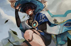  1boy anemo_symbol_(genshin_impact) armor black_bodysuit black_bridal_gauntlets black_hair black_shorts blue_kimono blunt_ends bodysuit bridal_gauntlets clouds cracked_skin doll_joints eyeliner falling_leaves feathers furisode genshin_impact hand_up hat japanese_armor japanese_clothes jewelry jingasa joints juban kimono kintsugi kote kurokote leaf looking_at_viewer makeup male_focus mandarin_collar middle_ring mithsd open_clothes open_kimono outdoors pom_pom_(clothes) red_eyeliner ring scaramouche_(genshin_impact) shaded_face short_hair shorts shoulder_peek solo turtleneck turtleneck_bodysuit violet_eyes vision_(genshin_impact) wanderer_(genshin_impact) wide_brim wind yellow_feathers 