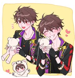  1boy animal_ears bbobbo_es bear_ears black_gloves black_shirt brown_hair character_doll closed_eyes closed_mouth commentary cropped_torso doll ensemble_stars! fingerless_gloves gloves grin hands_up heart highres holding jacket jewelry long_sleeves male_focus morisawa_chiaki necklace open_clothes open_jacket red_eyes shirt short_hair smile star_(symbol) star_necklace three-quarter_sleeves untranslatable_commentary 