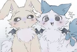  2others bat_wings black_sclera cat chibikemo chiikawa claws colored_sclera commentary_request furry gradient_background grid_background hachiware_(chiikawa) hachiware_(chimera)_(chiikawa) highres looking_at_viewer multiple_others rabbit upn2o upper_body usagi_(chiikawa) usagi_(chimera)_(chiikawa) white_background wings 