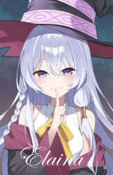  1girl axokim black_hat black_robe blue_eyes blush bow bowtie breasts center_frills character_name collared_shirt commentary_request cup elaina_(majo_no_tabitabi) frills hair_between_eyes hat highres index_finger_raised long_hair long_sleeves looking_at_viewer majo_no_tabitabi open_clothes open_mouth open_robe ribbon robe shirt small_breasts smile solo upper_body white_hair white_shirt witch witch_hat yellow_bow yellow_bowtie yellow_ribbon 