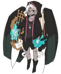  1boy aged_down anpolly black_boots black_shorts blue_fire boots closed_mouth coffin collarbone colored_skin commentary_request fire full_body grey_hair grey_skin hood hood_up hooded_jacket jacket looking_at_viewer male_focus necromancer_(sekaiju) necromancer_1_(sekaiju) pointy_ears sekaiju_no_meikyuu sekaiju_no_meikyuu_5 short_hair shorts simple_background solo white_background 