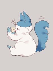  2others cat chibikemo chiikawa claws commentary_request full_body furry grey_background hachiware_(chiikawa) hachiware_(chimera)_(chiikawa) highres licking licking_another's_face multiple_others otter pipapo0219 rakko_(chiikawa) simple_background sitting translation_request 