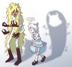  2girls animal_ears arms_behind_back blonde_hair blue_skirt body_switch chiikawa claws colored_extremities commentary_request crying crying_with_eyes_open dekatsuyo_(chiikawa) different_shadow extra_arms gradient_background highres horns humanization korean_commentary korean_text long_hair long_tongue looking_at_another momonga_(chiikawa) monster_girl multiple_girls personality_switch puffy_short_sleeves puffy_sleeves salted_slug12 shadow sharp_teeth shirt short_sleeves simple_background skirt squirrel_ears squirrel_girl squirrel_tail standing tail tears teeth tongue tongue_out translation_request very_long_hair white_background white_shirt 