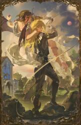  1boy 1girl armor barefoot bat_wings black_robe blonde_hair blue_eyes boots border braid branded brown_hair carrying carrying_person chainmail church clouds day degrees_of_lewdity demon_horns dress fayne_(degrees_of_lewdity) flower flower_in_braid food fruit full_body hair_flower hair_ornament highres holding holding_food holding_fruit holding_whip horns key knee_boots long_hair looking_at_animal moon mrrs nona_(degrees_of_lewdity) ornate_border outdoors pink_moon purple_flower purple_horns robe rock side_braid single_braid sitting_on_shoulder snake snake_wrapped_around_leg standing tentacle_around_leg tree whip white_dress wings 