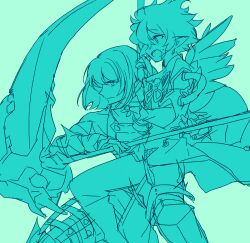  2boys anpolly aqua_background aqua_theme closed_mouth coat commentary_request gauntlets hair_between_eyes holding holding_scythe looking_ahead male_focus monochrome multiple_boys open_mouth pants pointy_ears profile reaper_(sekaiju) reaper_1_(sekaiju) scythe sekaiju_no_meikyuu sekaiju_no_meikyuu_5 short_hair simple_background sketch sleeveless small_sweatdrop teeth upper_teeth_only warlock_(sekaiju) warlock_1_(sekaiju) 