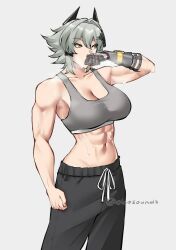 1girl abs caesar_king_(zenless_zone_zero) long_hair muscle muscular muscular_female prosthesis prosthetic_arm solo sweat wiping_sweat zenless_zone_zero