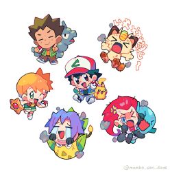  >_< 2girls 3boys :> :3 :d ;d =_= anger_vein ash_ketchum baseball_cap black_boots black_gloves black_hair black_shirt black_shoes blue_eyes blue_hair blue_jacket blue_pants blue_shoes blush blush_stickers boots brock_(pokemon) brown_eyes brown_hair brown_pants chibi chibi_only clenched_hand closed_eyes closed_mouth coin commentary_request crying dark-skinned_male dark_skin dust elbow_gloves fang fangs fingerless_gloves full_body gloves gold green_gloves green_shorts green_vest hat highres holding holding_poke_ball index_finger_raised jacket james_(pokemon) jessie_(pokemon) koban_(gold) long_hair meowth messy_hair misty_(pokemon) multiple_boys multiple_girls one_eye_closed onix open_clothes open_jacket open_mouth open_vest orange_hair orange_shirt pants pikachu poke_ball poke_ball_(basic) pokemon pokemon_(anime) pokemon_(classic_anime) pokemon_(creature) red_hair red_hat red_shoes scratches shirt shoes short_hair shorts side_ponytail simple_background smile spiky_hair staryu streaming_tears suspenders team_rocket team_rocket_uniform tears translation_request vest victreebel white_background wobbuffet yellow_shirt yu_quan0709 