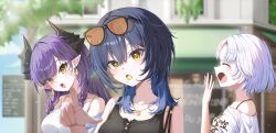  3girls absurdres aoba_nene ayatsuno_yuni bare_shoulders black_tank_top blue_hair building candy closed_eyes collarbone commentary_request dragon_horns earrings eyewear_on_head food food_in_mouth gangzi_(vtuber) highres horns jewelry korean_commentary lollipop lollipop_in_mouth long_hair medium_hair multiple_girls necklace open_mouth outdoors pointy_ears purple_hair sakihane_huya shirt short_hair stellive sunglasses tank_top upper_body virtual_youtuber white_hair white_shirt yawning yellow_eyes 