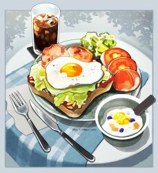  bacon bread bread_slice breakfast coffee commentary_request dated egg food food_art_(medium) food_focus fork glass ice knife lettuce original plate shunkashuntou table toast tomato tomato_slice unconventional_media yogurt 