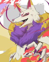  1boy body_fur claws colored_sclera commentary_request d_zaka11 fire fox_boy furry furry_male green_sclera grey_background hand_on_own_hip highres kyuubi_(youkai_watch) looking_to_the_side male_focus neck_fur simple_background slit_pupils solo upper_body yellow_eyes yellow_fur youkai_(youkai_watch) youkai_watch 