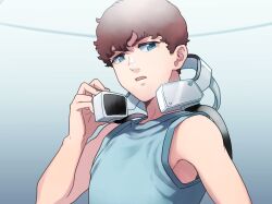  1boy absurdres amuro_ray blue_eyes blue_tank_top brown_hair casual commentary_request curly_hair gundam headphones headphones_around_neck highres male_focus mobile_suit_gundam oh_syz open_mouth short_hair solo tank_top tongue upper_body 
