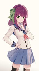  1girl absurdres angel_beats! black_thighhighs blue_skirt blush bow closed_mouth commentary cowboy_shot dududuing eyelashes film_grain finger_to_mouth green_bow green_eyes hair_bow hairband hand_on_own_hip hand_up highres index_finger_raised long_sleeves looking_at_viewer medium_hair miniskirt nakamura_yuri neckerchief pink_neckerchief pleated_skirt purple_hair purple_hairband shirt sidelighting sidelocks simple_background skirt smile solo split_mouth straight_hair thigh-highs white_background white_shirt zettai_ryouiki 